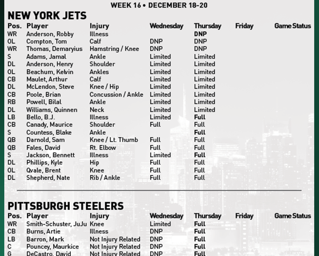 Injury Updates with the Steelers Coming to Town