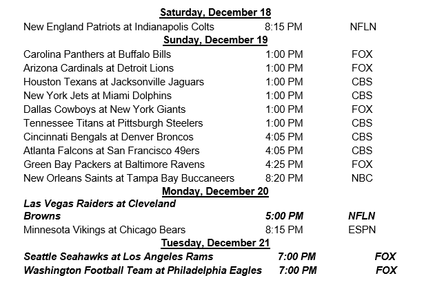 NFL Schedule Changes – Week 15