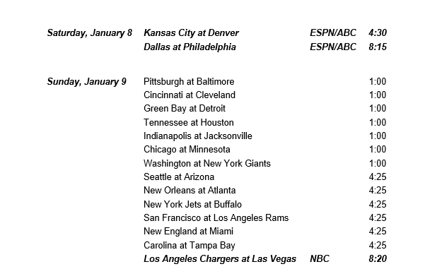 Week 18 NFL Schedule