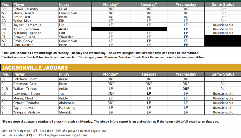 White, Mims Out; Quinnen Game Time Decision; NY Jets Injury Update