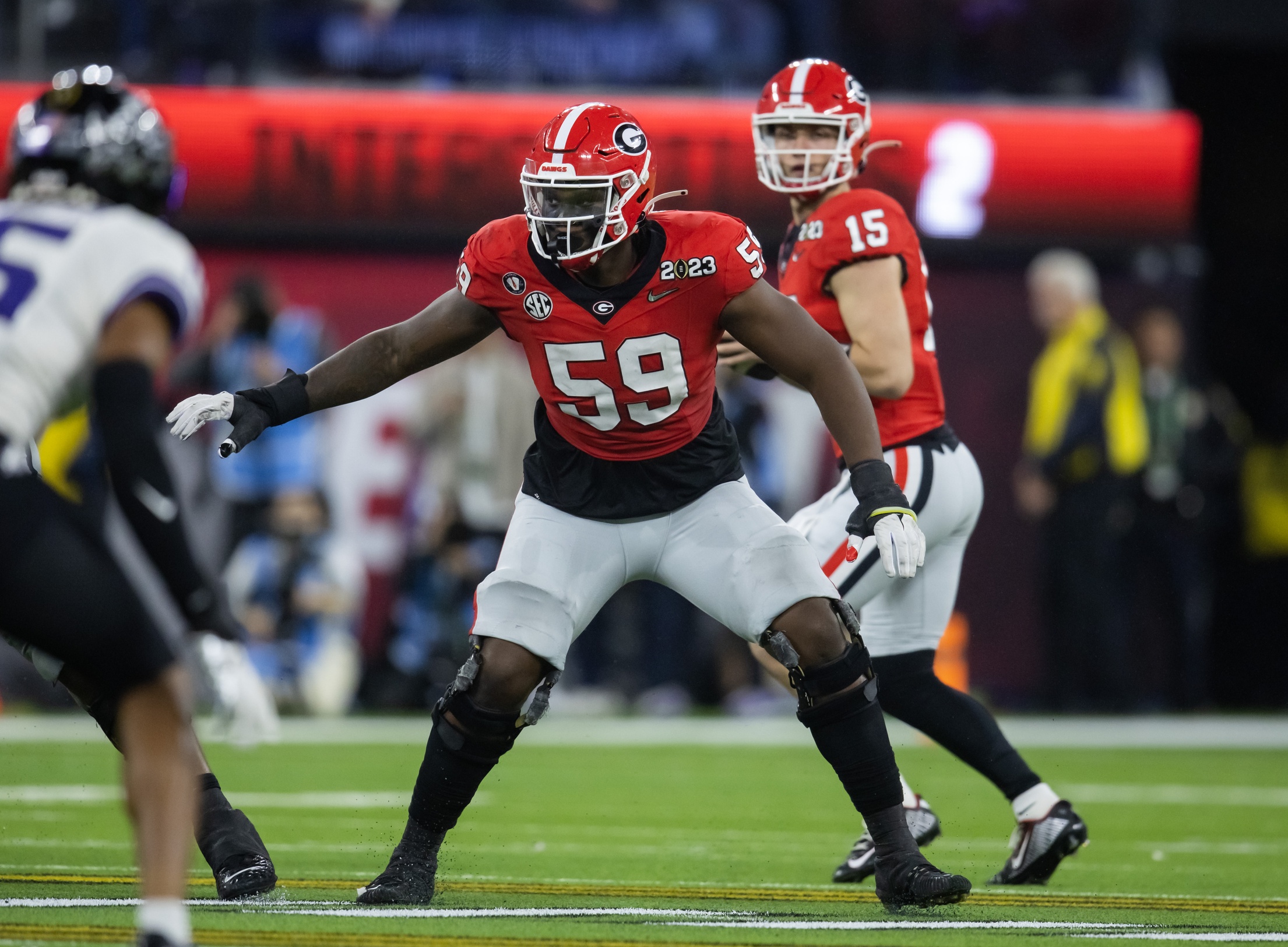 Jan 9, 2023; Inglewood, CA, USA; Georgia Bulldogs offensive lineman Broderick Jones (59) against the TCU Horned Frogs during the CFP national championship game at SoFi Stadium. Mandatory Credit: Mark J. Rebilas-USA TODAY Sports